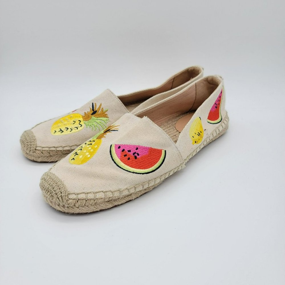 J Crew Espadrille Flats Womens Size 11 Canvas Beige Fruit Pineapple Watermelon